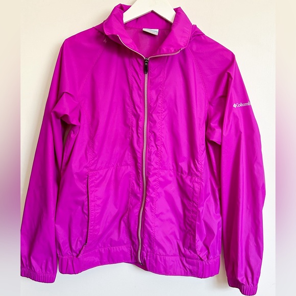 Columbia Jacket Fuchsia Raincoat Hood Front Zip Size Medium - Picture 1 of 8